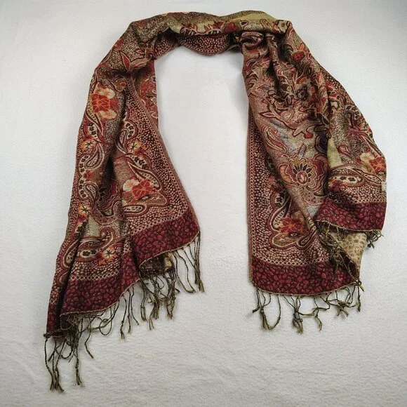 100% Pashmina Shawl 67.5 x 27 Red Orange Gold Shimmer Jacquard Paisley Fringe - Picture 4 of 12
